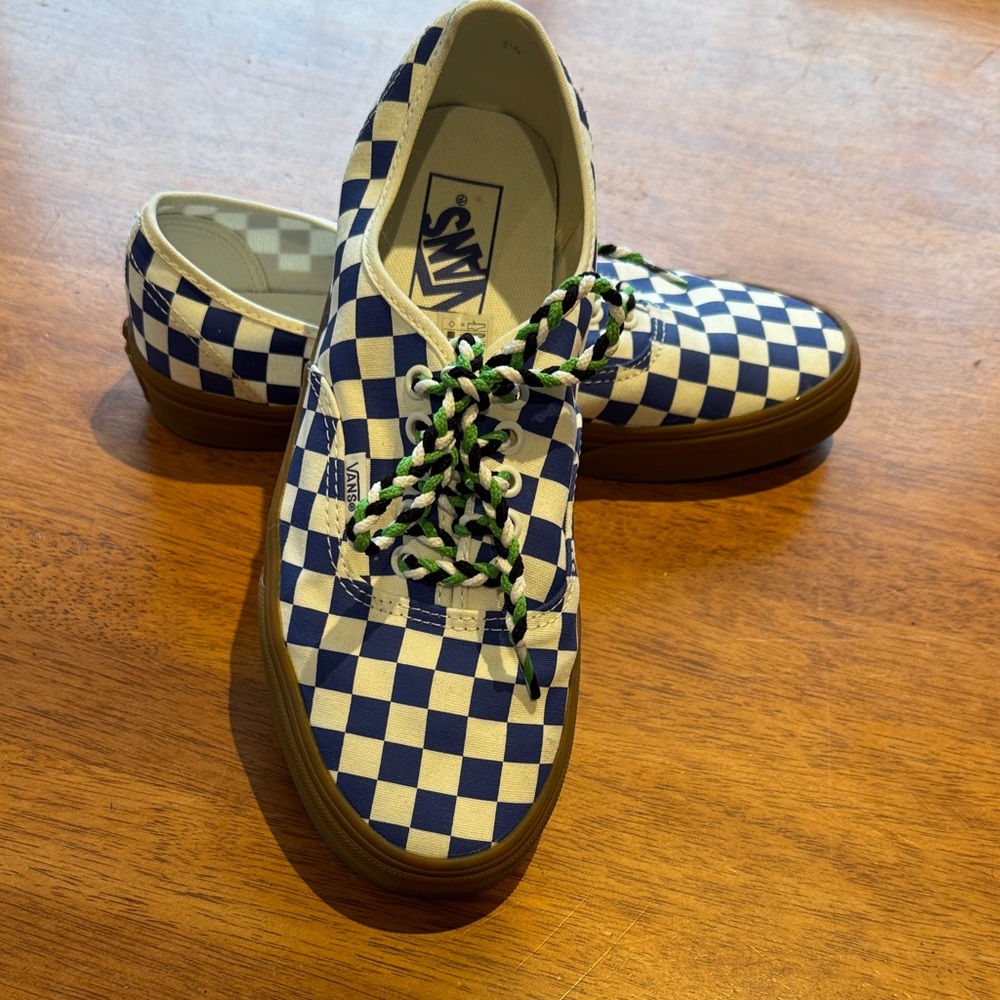 Vans Women’s Blue and White Checkered Sneakers